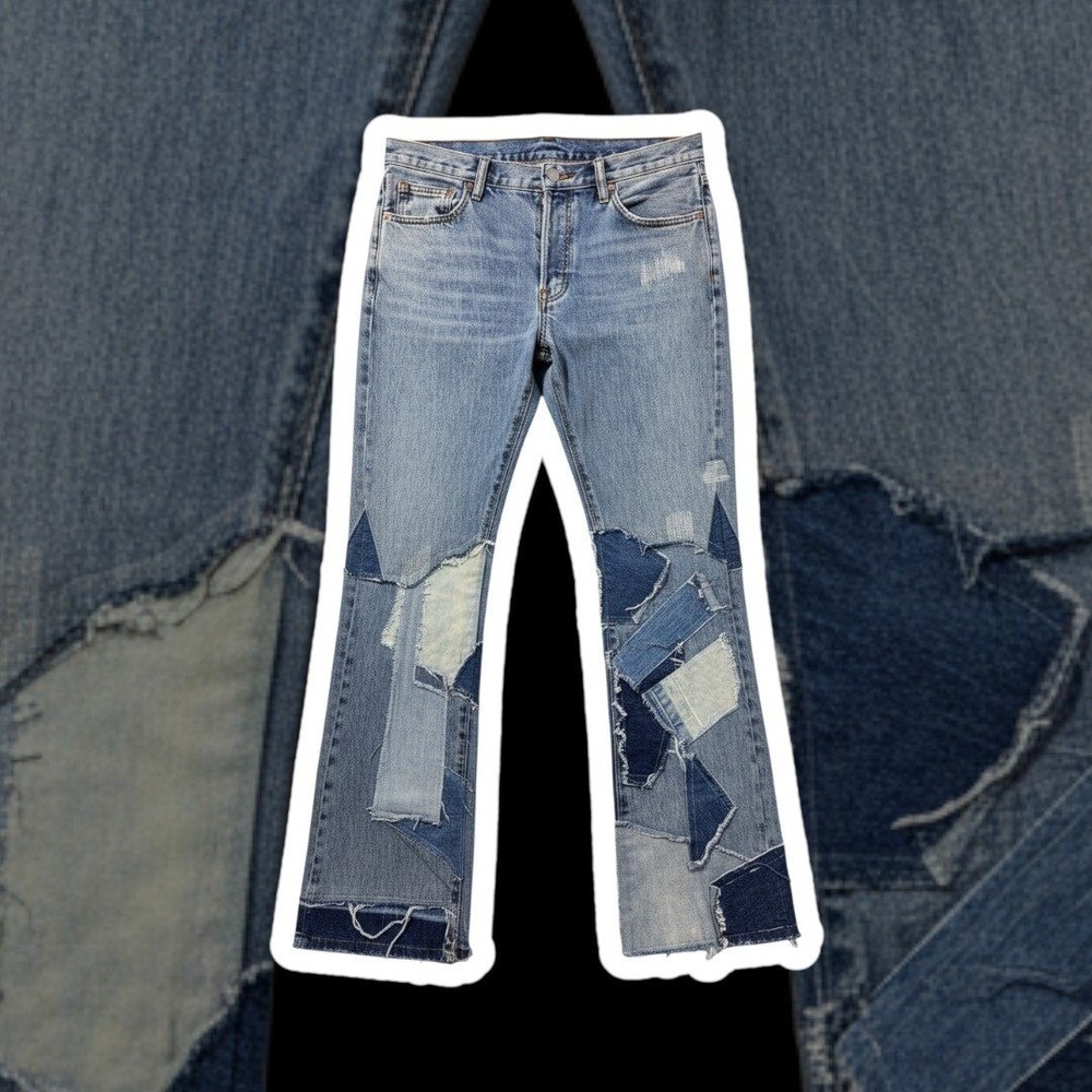 mnml B424 Patch Flare Denim Jeans Mens (Fit 34x34) Blue Patchwork Button Fly